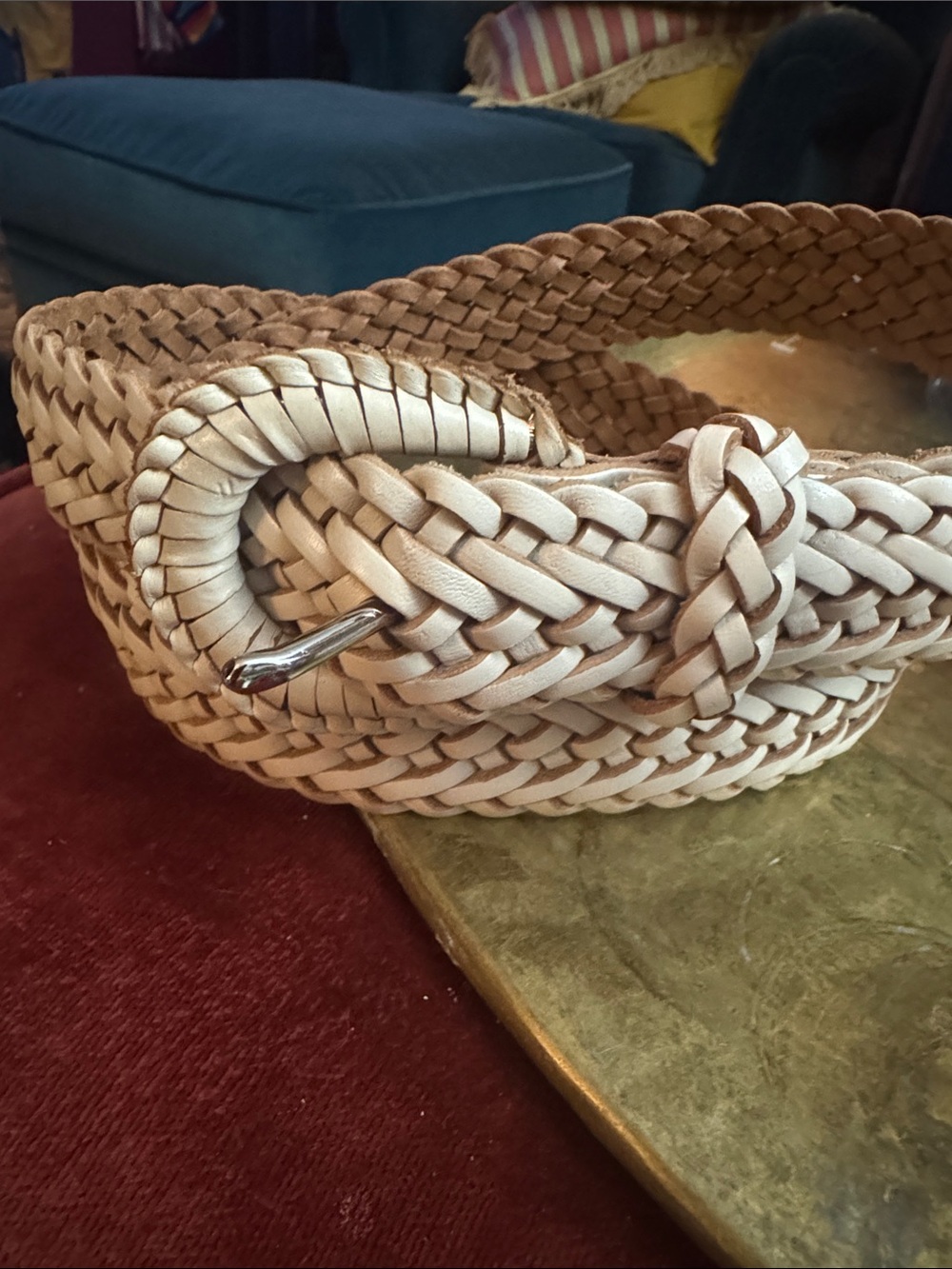 Madewell Cream Braided Leather Belt with Rounded Silver Buckle